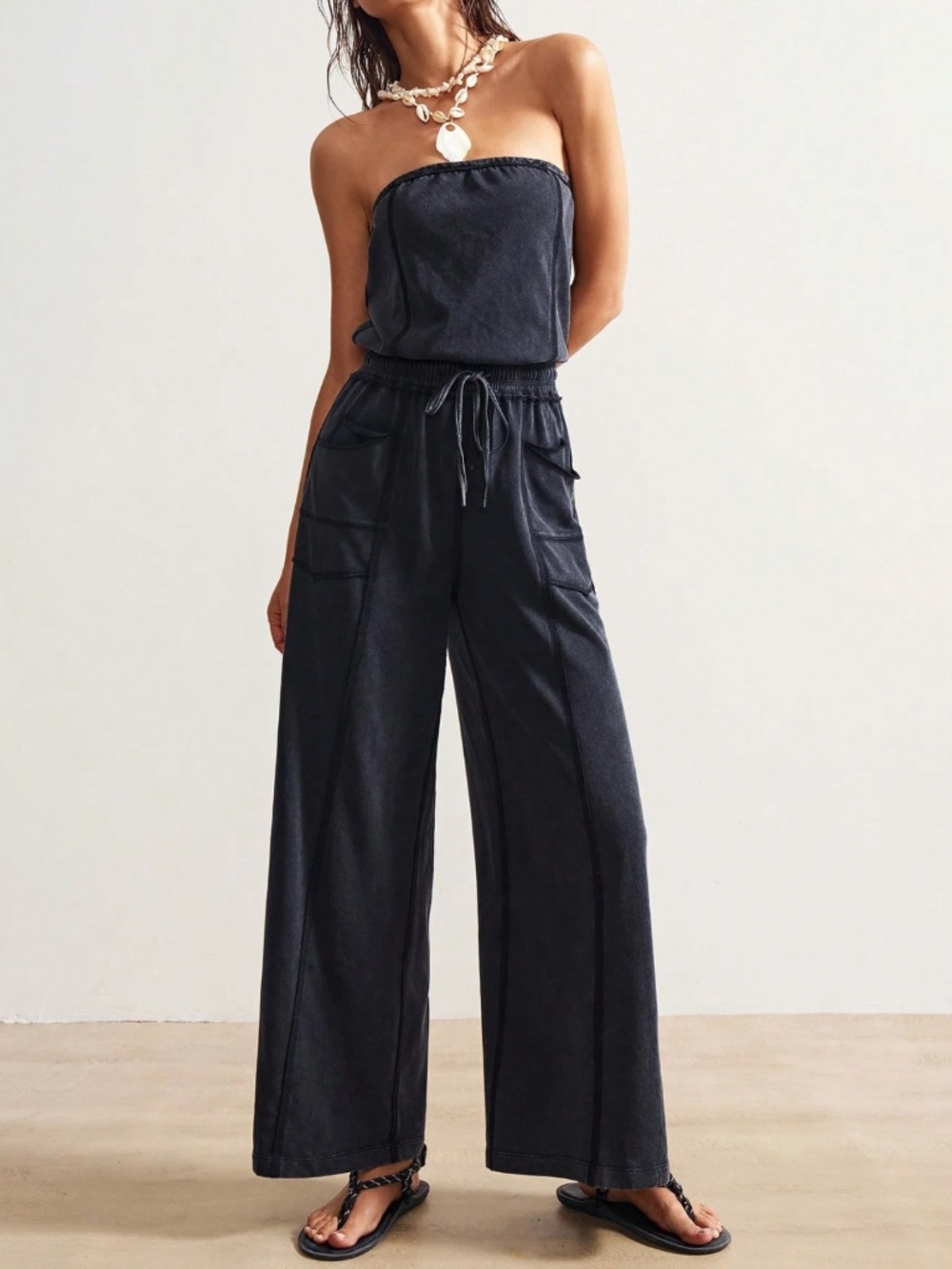 Cotton Blend Strapless Black Boho Wide Leg Jumpsuit with Pockets - Picture 7 of 9
